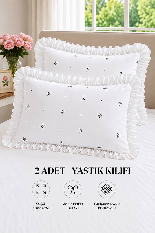 Ensemble De Taies D'oreiller En Coton À Volants Blanc Et Noir