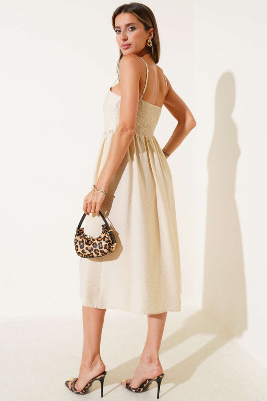 İnce Askılı Gipeli Elbise Bej