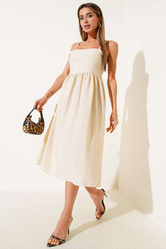 İnce Askılı Gipeli Elbise Bej