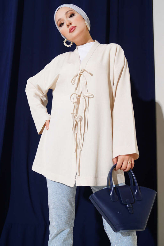 İnce Bağcıklı Önden Bağlamalı Kimono Bej