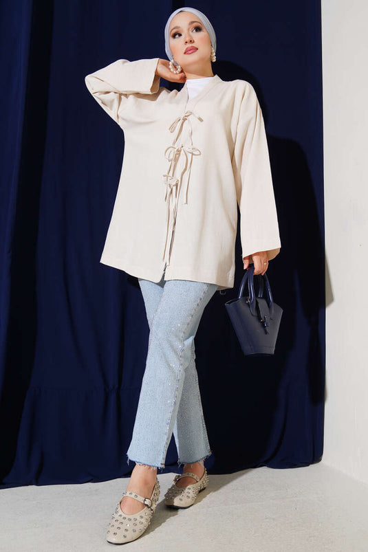 İnce Bağcıklı Önden Bağlamalı Kimono Bej