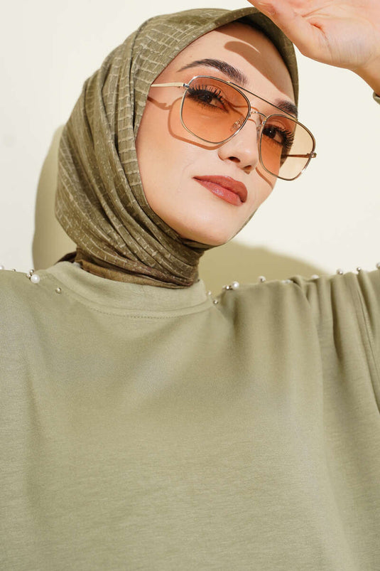 İnce Çizgi Desenli Demore Eşarp Çağla Yeşili