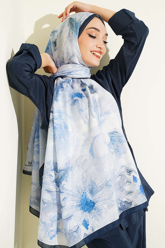 Narrow Stripe Floral Shawl Navy Blue