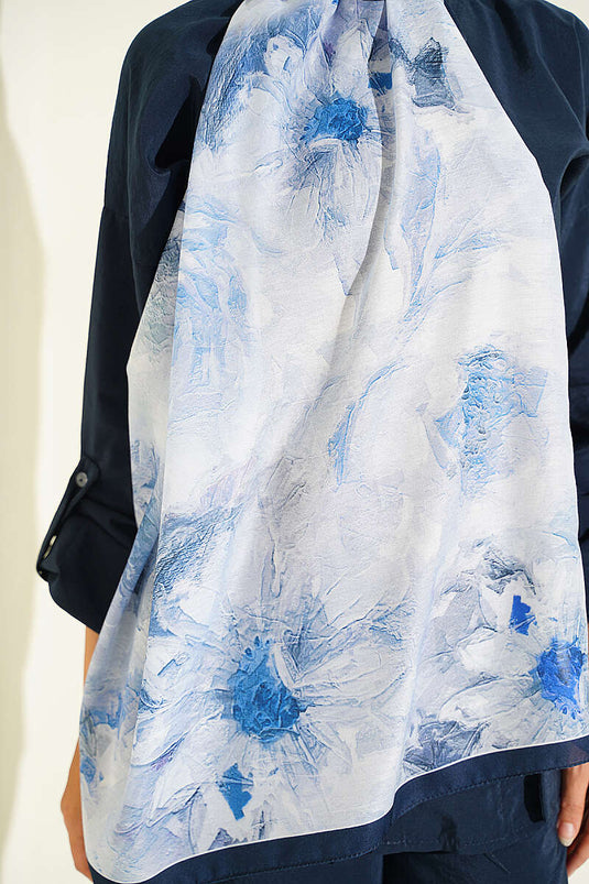 Narrow Stripe Floral Shawl Navy Blue
