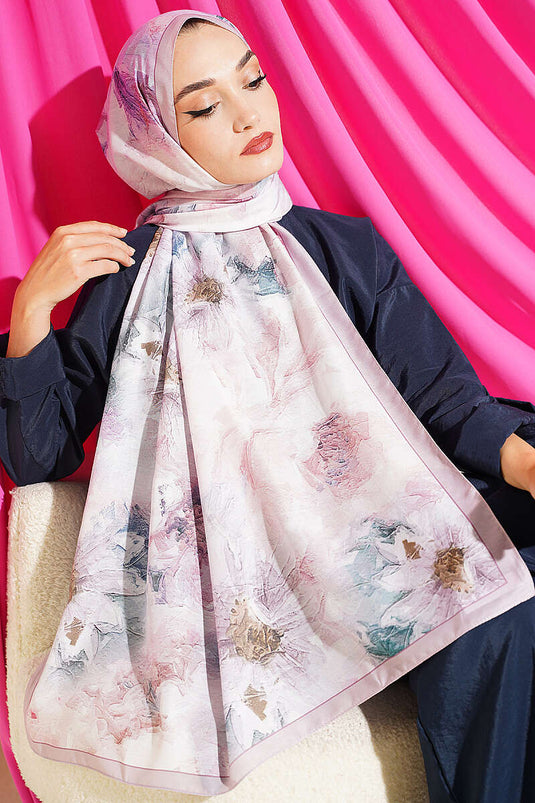 Pañuelo Floral Rosa Con Detalle De Rayas Finas