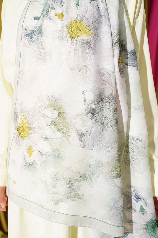 Light Green Floral Shawl With Thin Striped Detail