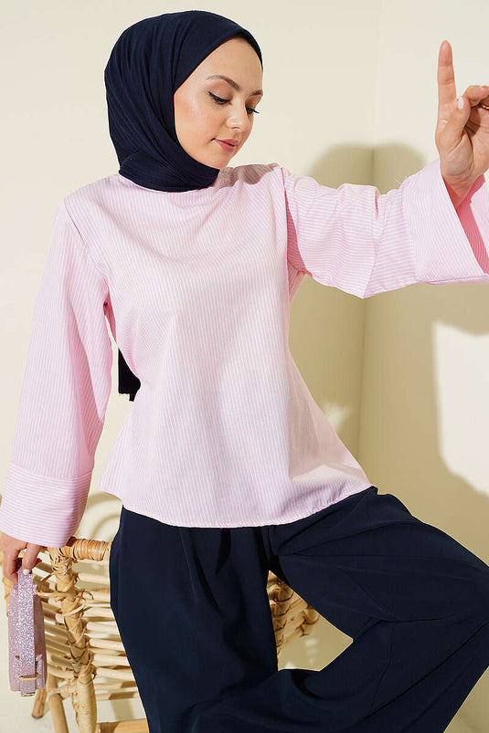 İnce Çizgili Asimetrik Kesim Tunik Pembe