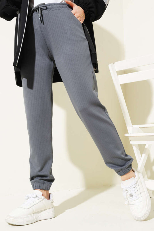 İnce Çizgili Bel İpli Jogger Pantolon Füme