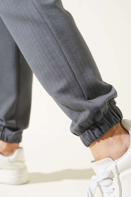 İnce Çizgili Bel İpli Jogger Pantolon Füme