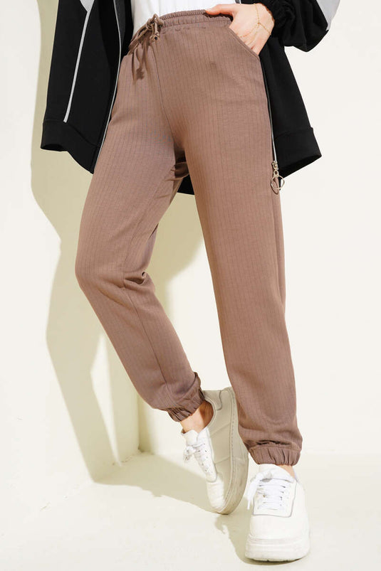 İnce Çizgili Bel İpli Jogger Pantolon Kahve
