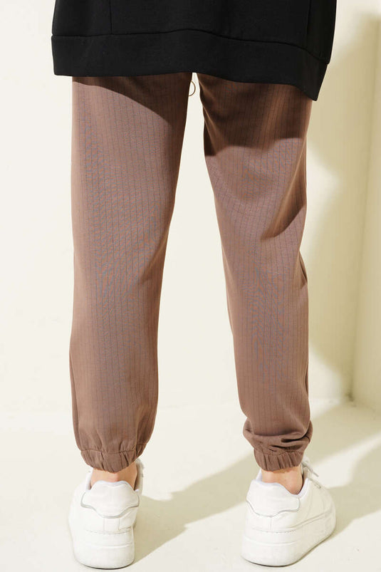 İnce Çizgili Bel İpli Jogger Pantolon Kahve