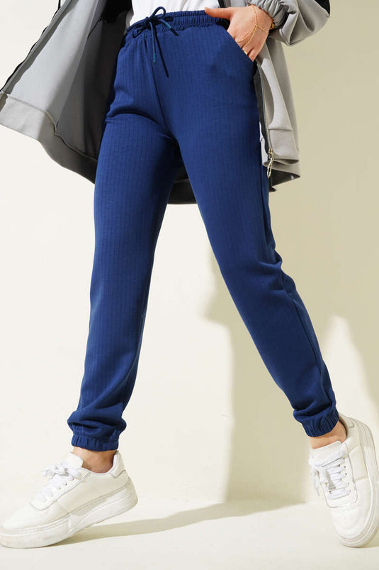 İnce Çizgili Bel İpli Jogger Pantolon Lacivert