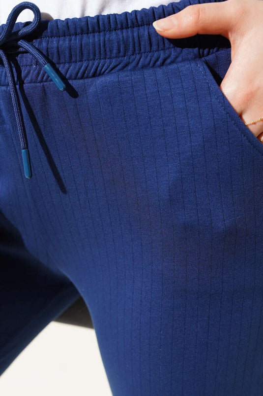 İnce Çizgili Bel İpli Jogger Pantolon Lacivert