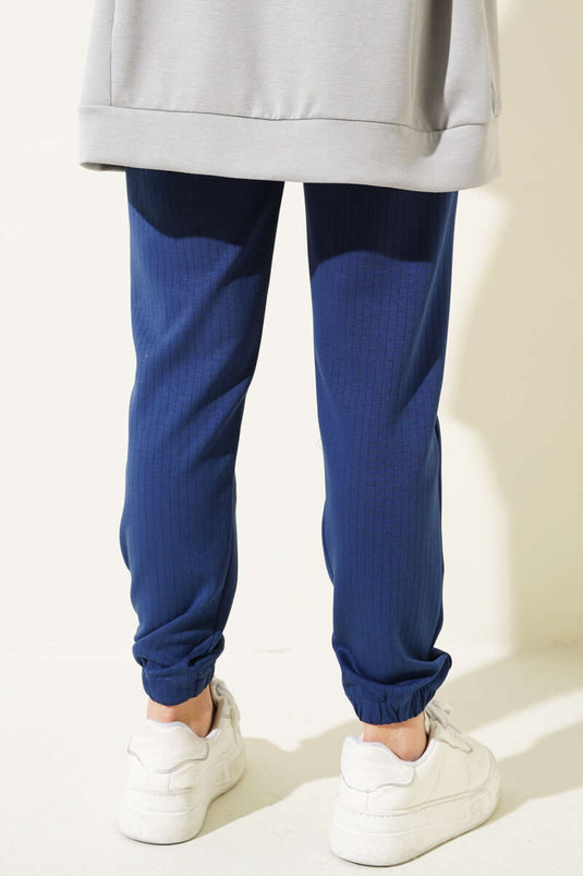 İnce Çizgili Bel İpli Jogger Pantolon Lacivert