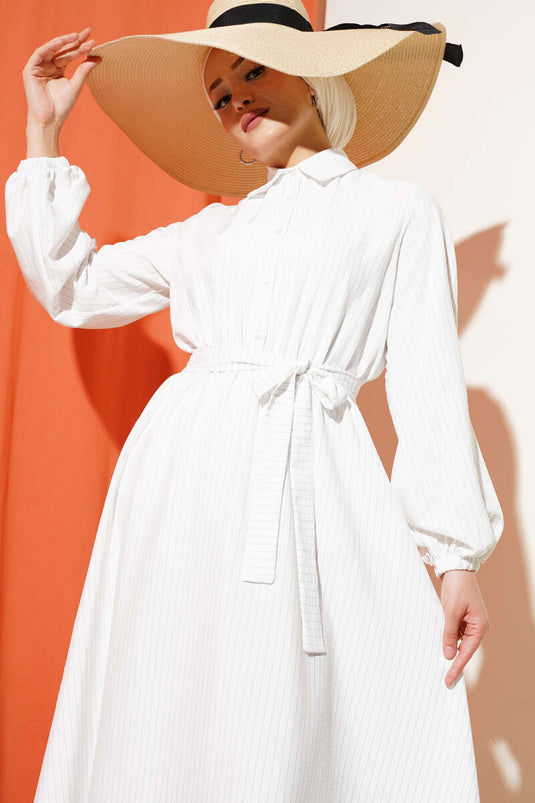 Thin Striped Elastic Waist Half Button Dress White