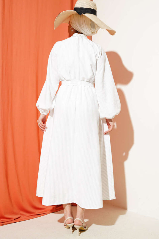 Thin Striped Elastic Waist Half Button Dress White