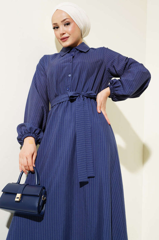 Thin Striped Elastic Waist Half Button Dress Navy Blue