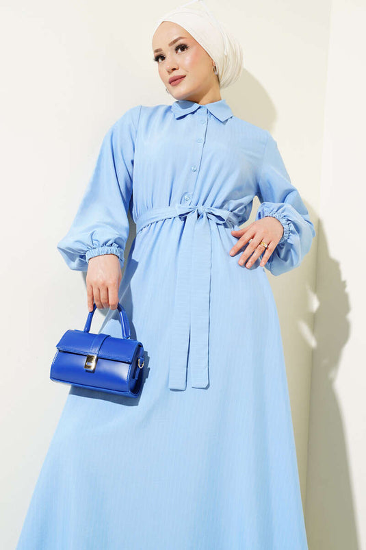 Thin Striped Elastic Waist Half Button Dress Blue