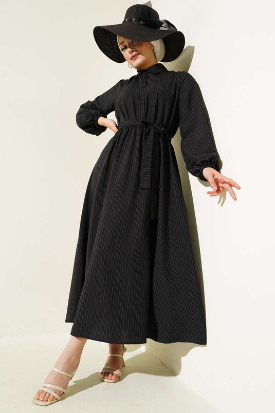 Thin Striped Elastic Waist Half Button Dress Black