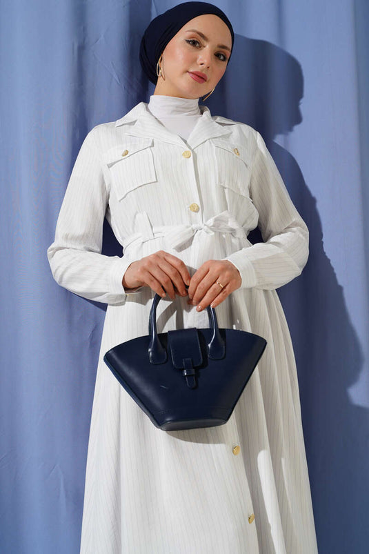 İnce Çizgili Boydan Düğmeli Elbise Beyaz