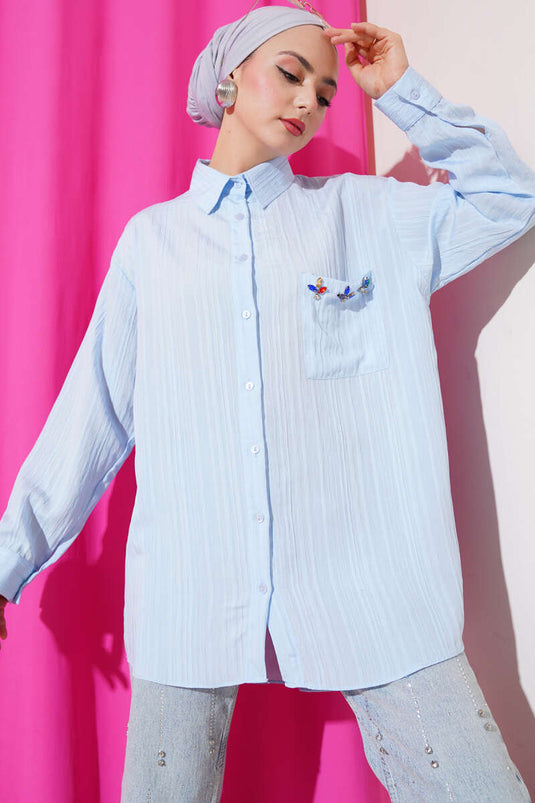 Light Striped Pocket Stone Shirt Ice Blue