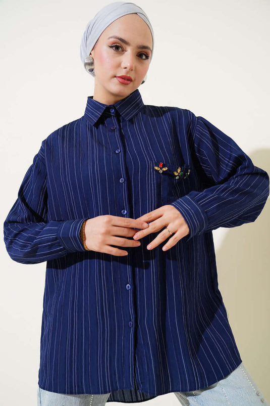 Navy Blue Thin Striped Pocket Stone Shirt