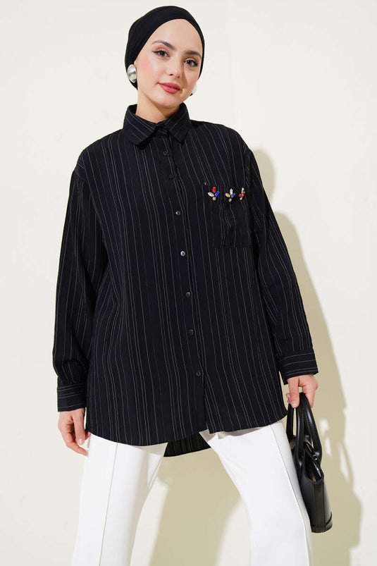 Thin Striped Pocket Stone Shirt Black