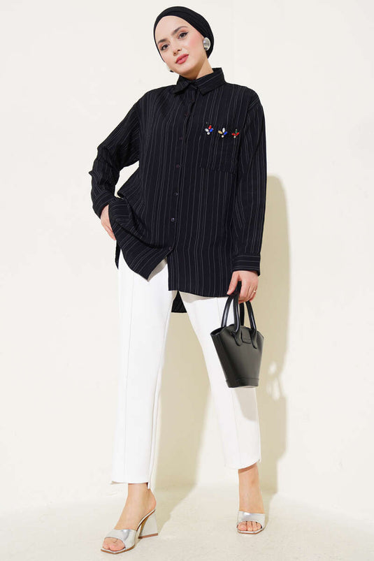 Thin Striped Pocket Stone Shirt Black