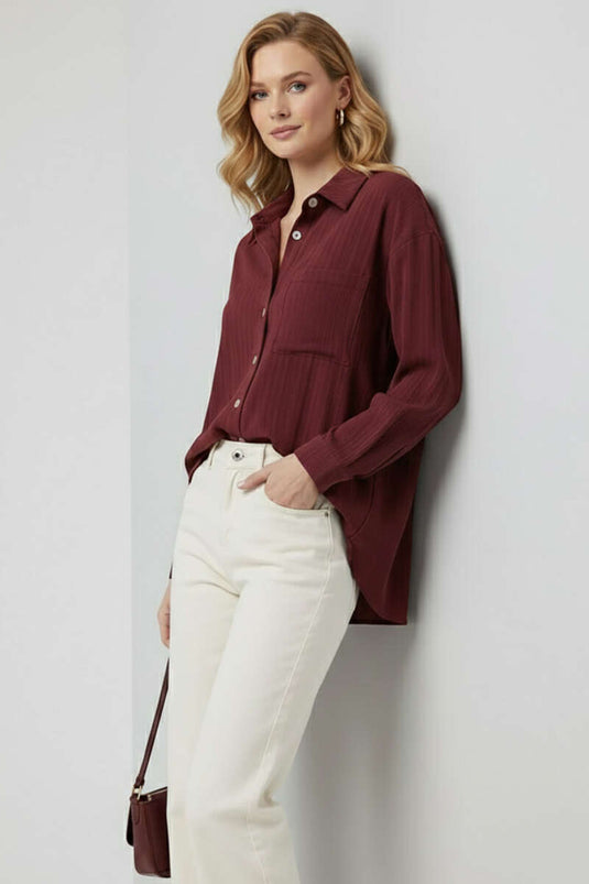 Thin Striped Buttoned Shirt Burgundy
