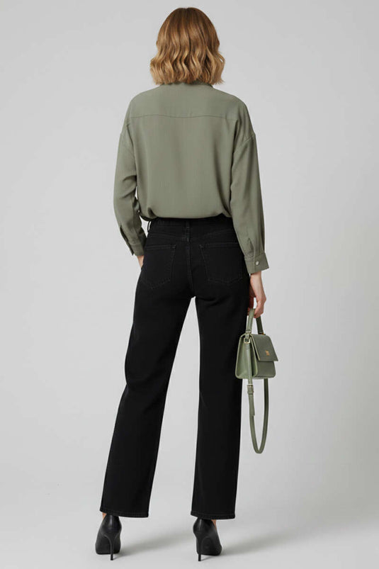 İnce Çizgili Düğmeli Gömlek Haki