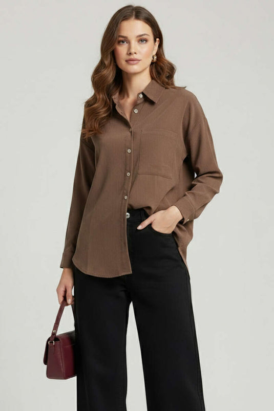 Thin Striped Buttoned Shirt Coffee
