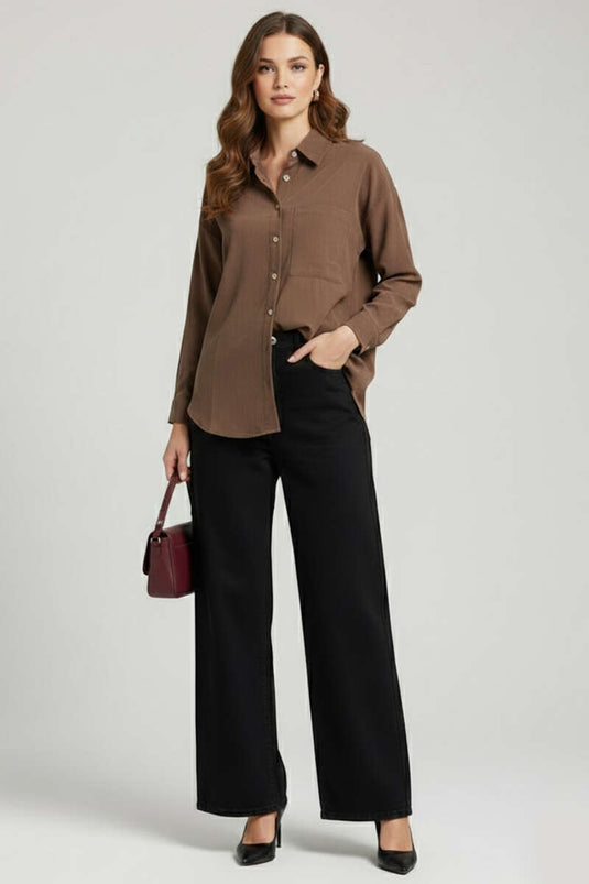 İnce Çizgili Düğmeli Gömlek Kahve