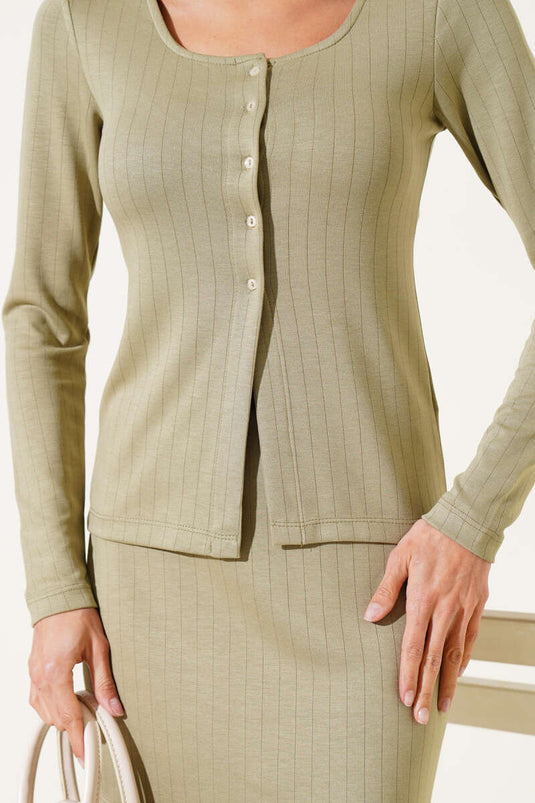 Pinstripe Buttoned Mini Skirt Suit Almond Green