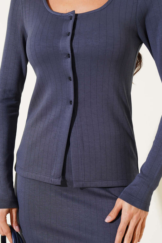 İnce Çizgili Düğmeli Mini Etekli Takım Füme