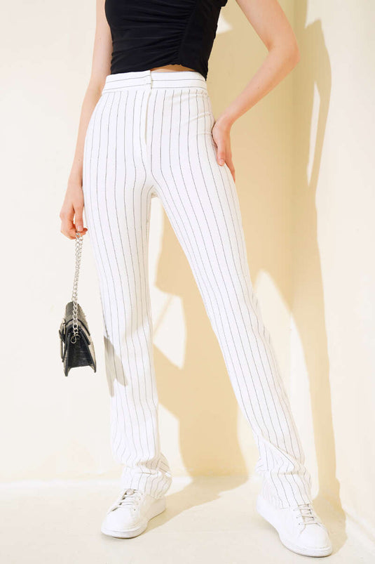İnce Çizgili İspanyol Paça Pantolon Beyaz