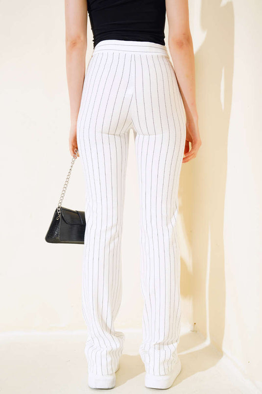 İnce Çizgili İspanyol Paça Pantolon Beyaz