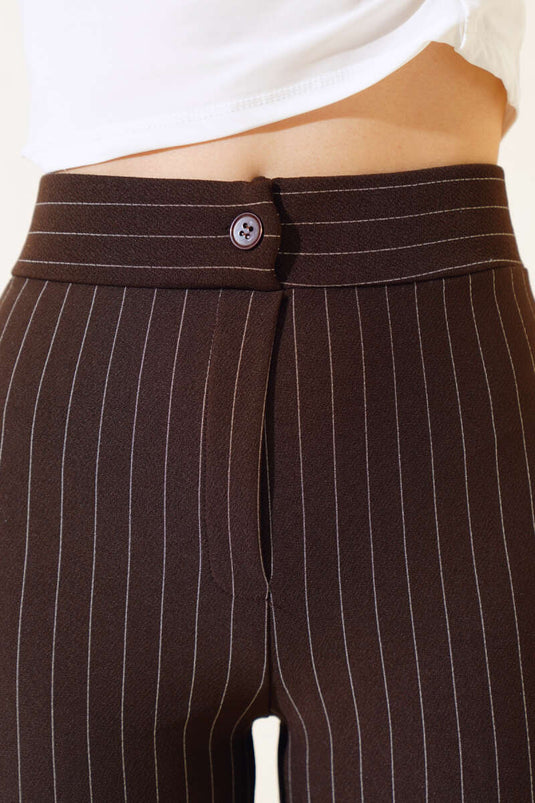 İnce Çizgili İspanyol Paça Pantolon Kahve