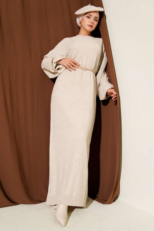 Loose Knitted Dress with Thin Stripes and Stone