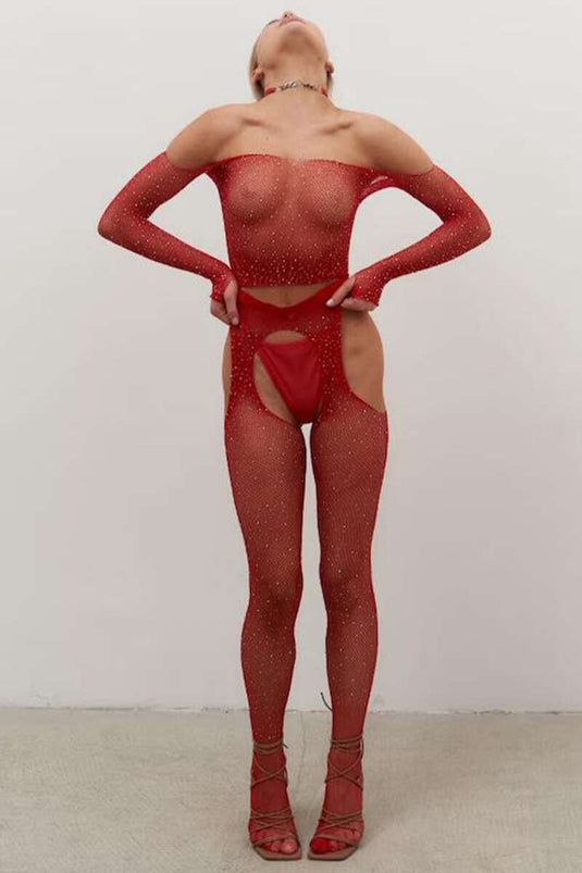 Dunne mesh kousenband-look stoned bodystockings rood