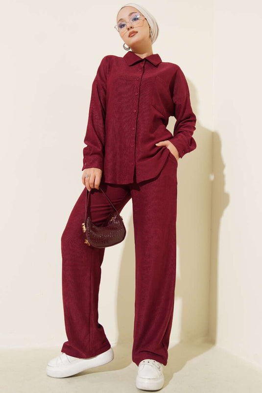 Dun geribbeld overhemd met zakje, tweedelig, bordeauxrood