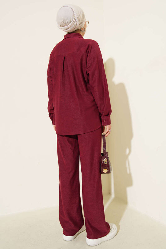 Dun geribbeld overhemd met zakje, tweedelig, bordeauxrood