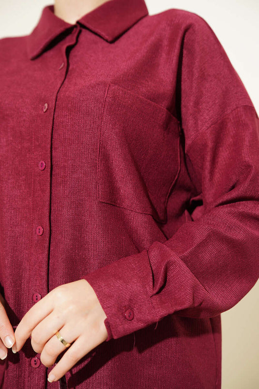 Dun geribbeld overhemd met zakje, tweedelig, bordeauxrood