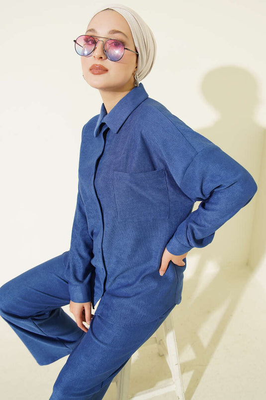 İnce Fitilli Cepli Gömlek İkili Takım Lacivert