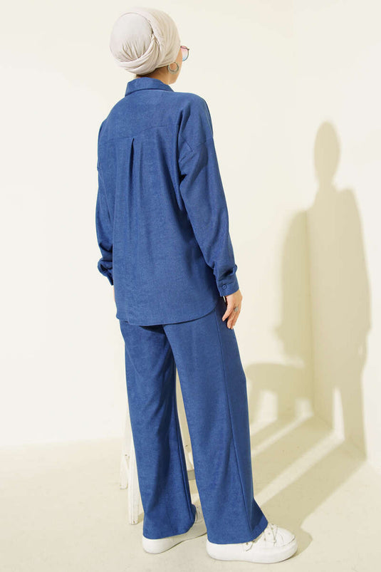 İnce Fitilli Cepli Gömlek İkili Takım Lacivert