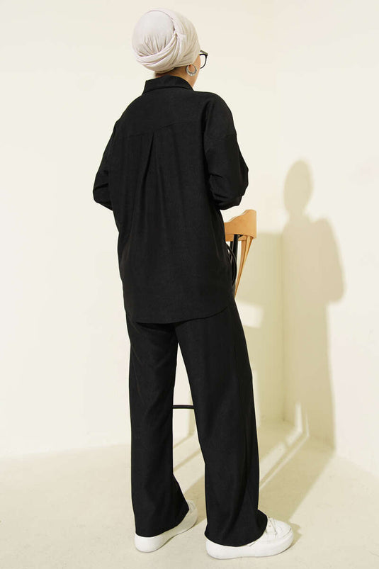 Thin Ribbed Pocket Shirt Two Piece Set Black