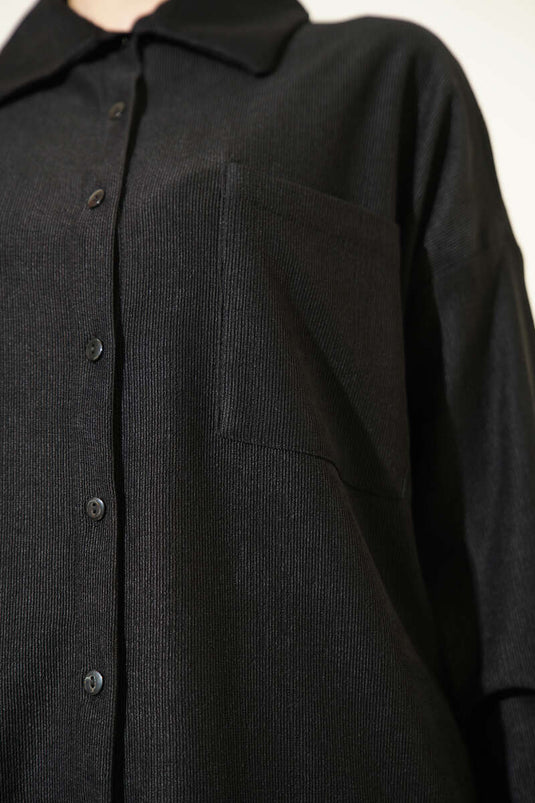 Thin Ribbed Pocket Shirt Two Piece Set Black
