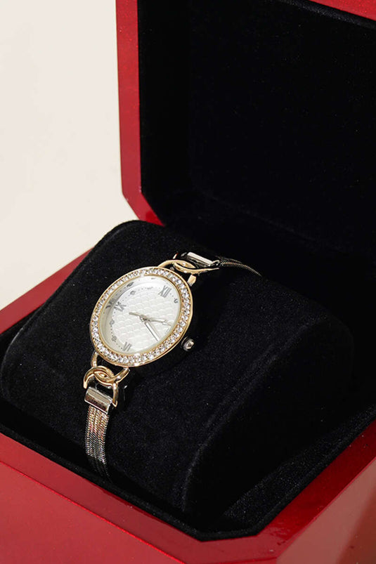 Reloj de pulsera para mujer Thin Mesh Stone dorado y blanco