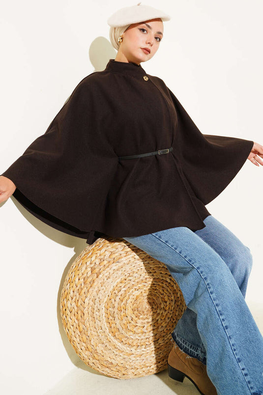 Thin Belt Detailed Cashmere Poncho Bitter Brown