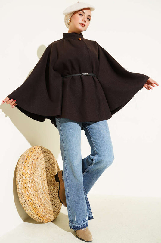 Thin Belt Detailed Cashmere Poncho Bitter Brown