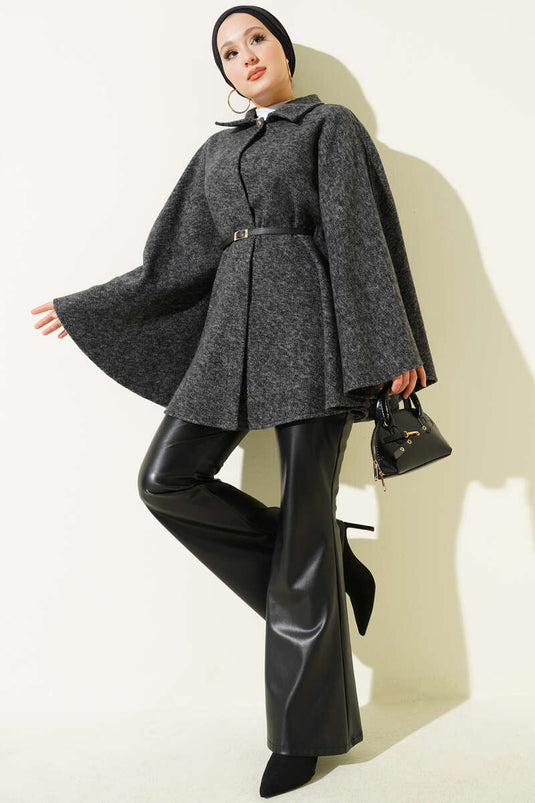 Dünner, taillierter Kaschmirponcho mit Hemdkragen, Rauchgrau